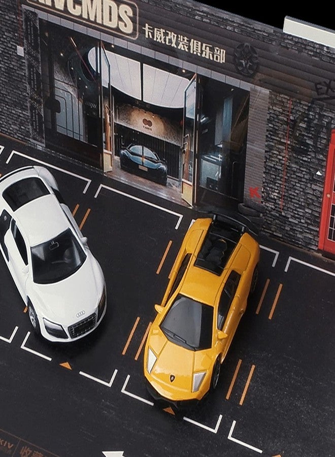 kivcmds 1:64 Scale 4-Tiers Vehicle Model Display Case for Sports Car and Lego Model Collectors, Display Stand for Alloy Car Model Toy with Parking Lot Scene (4-Tiers Auto Repair Store Scene) - Image 4